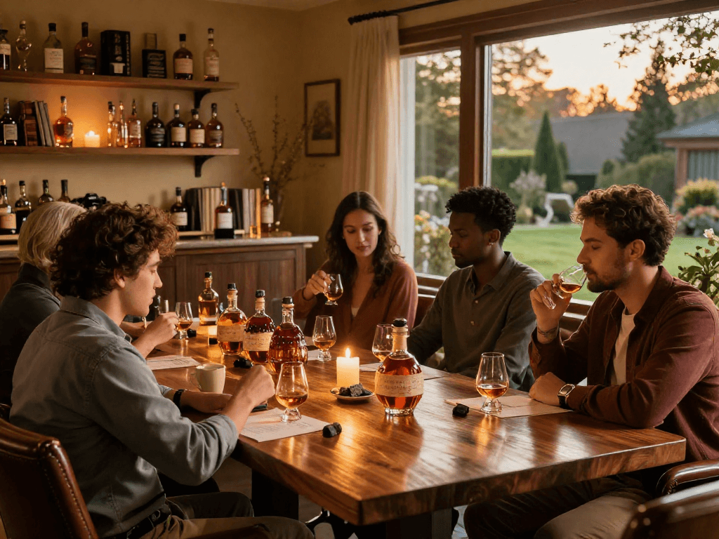 Gathering of friends enjoying Blanton's Whiskey in a cozy home bar setting during golden hour.