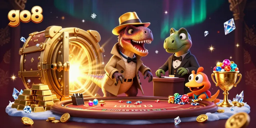 Engage with go8 at a vibrant casino scene featuring a cunning velociraptor counting cards.