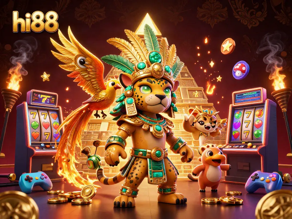 Spin to win at hi88 with glowing Mayan-themed slot machines and dynamic game elements.