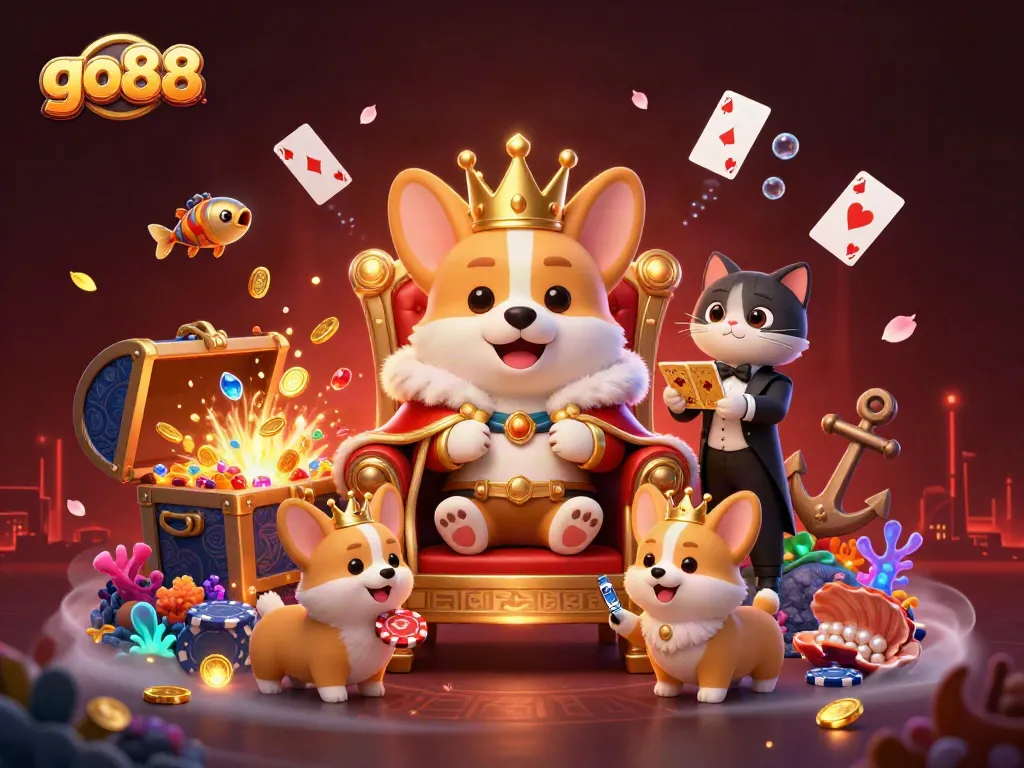 Discover exciting gaming adventures with go88 featuring a corgi king on a poker chip throne.