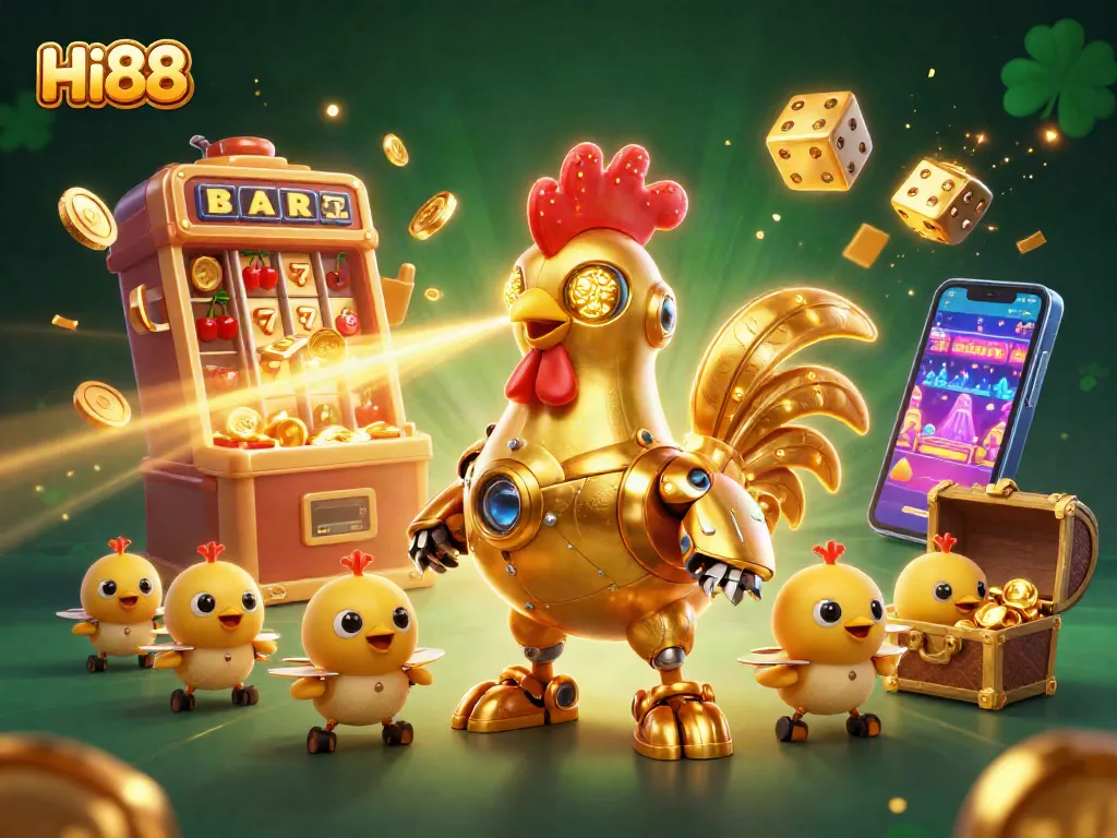 Join the fun at Hi88, featuring an exciting golden rooster robot and dazzling slot machine!