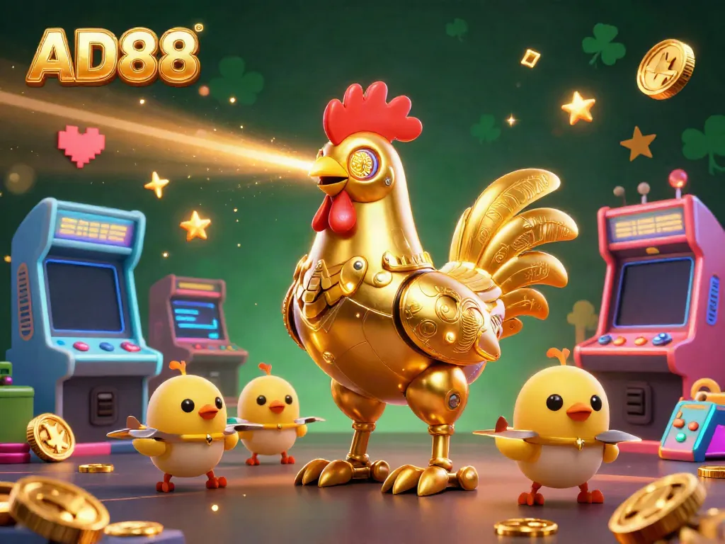 Engage with AD88's vibrant casino adventure featuring a golden rooster robot and interactive gaming elements.