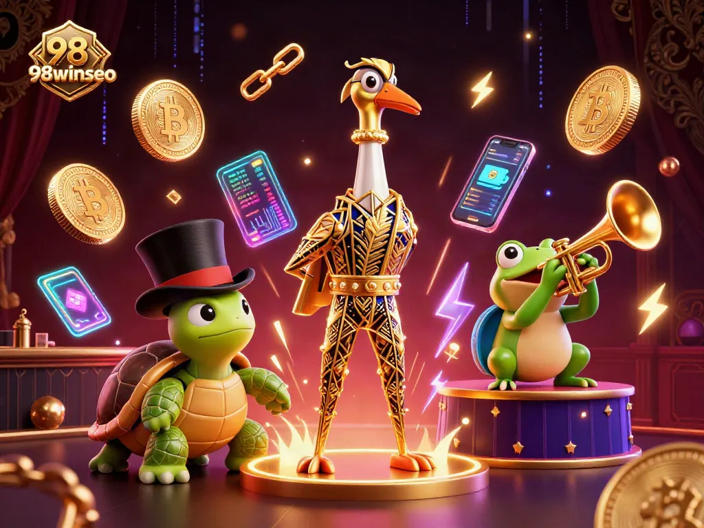 Engage with the vibrant 98winseo casino scene featuring a 1920s crane, poker elements, and cryptocurrency highlights.