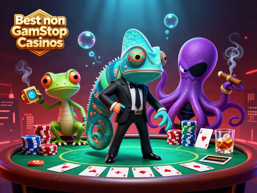 Engage with the exciting scene at the Best non Gamstop Casinos featuring a chameleon agent and a tech-savvy gecko.
