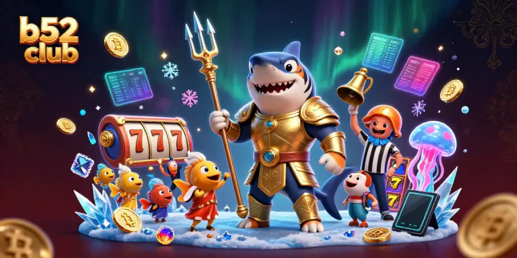 Engage in thrilling gameplay at b52 club with a dynamic scene featuring a golden armored shark and underwater casino elements.