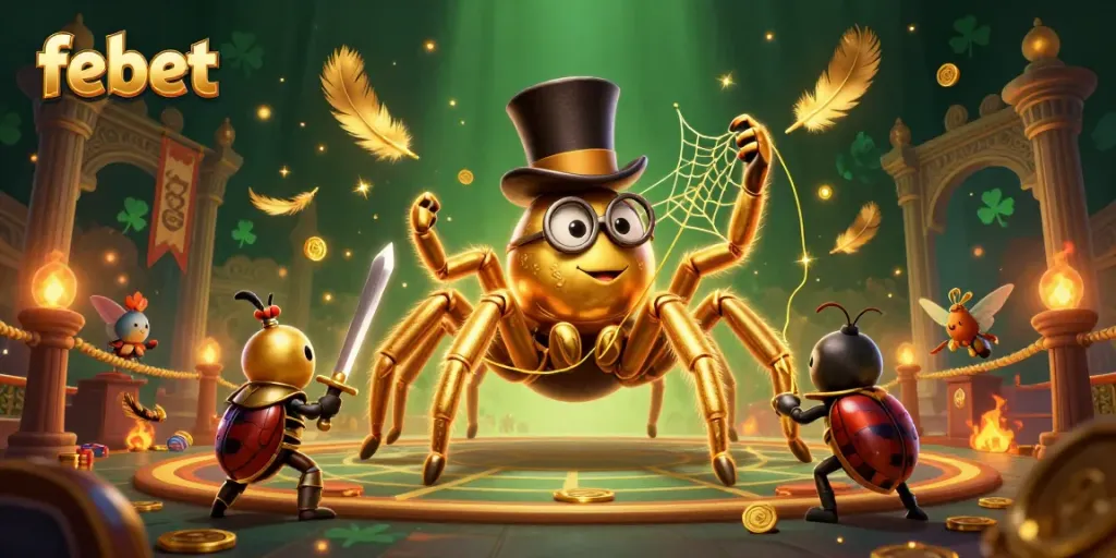 Engage in a thrilling febet gaming experience with a golden tarantula and brave knight amidst a casino scene.