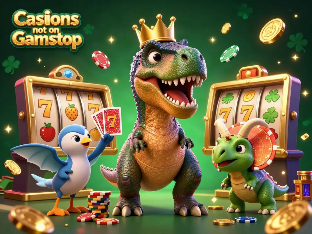 Engaging scene with friendly T-Rex and pals showcasing fun gaming in casinos not on Gamstop.