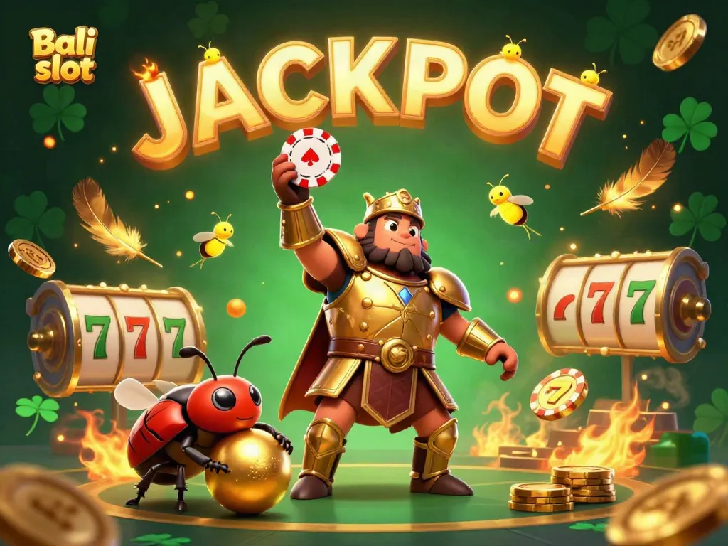 Engage in exciting gameplay at Bali slot, featuring a heroic beetle celebrating a jackpot with vibrant golden game elements.