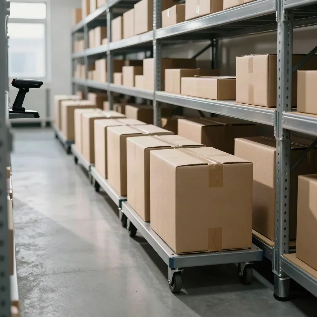 Floor-level fulfillment corridor with cartons, trays, scanner dock and trolley in soft morning light.