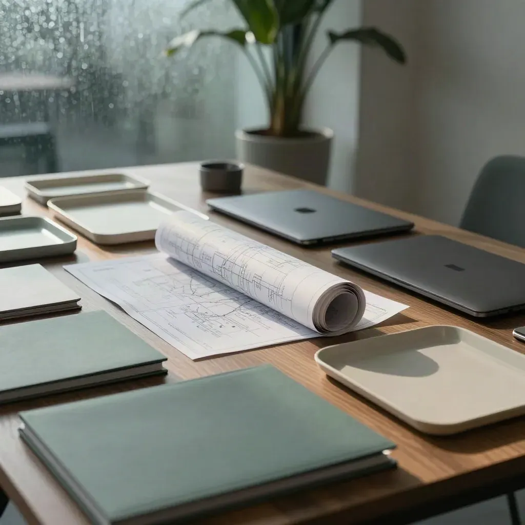 Layered workshop table with folders, trays, closed laptop and tall plant in morning haze.