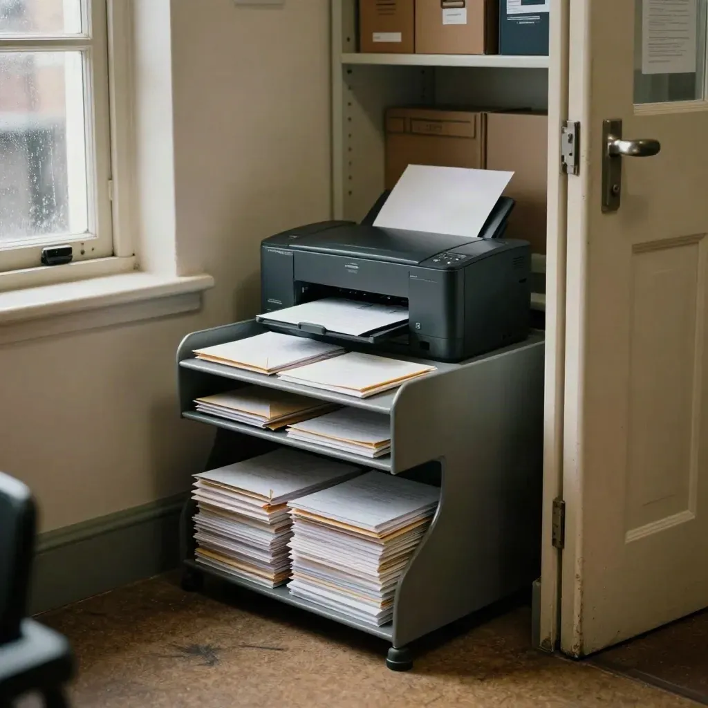 Cramped office corner with inbox trays, printer, envelopes, and a half-open storeroom door.