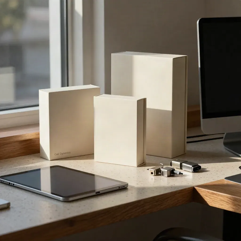 Systems-choice objects on travertine in a quiet office, lit by cool evening window light.