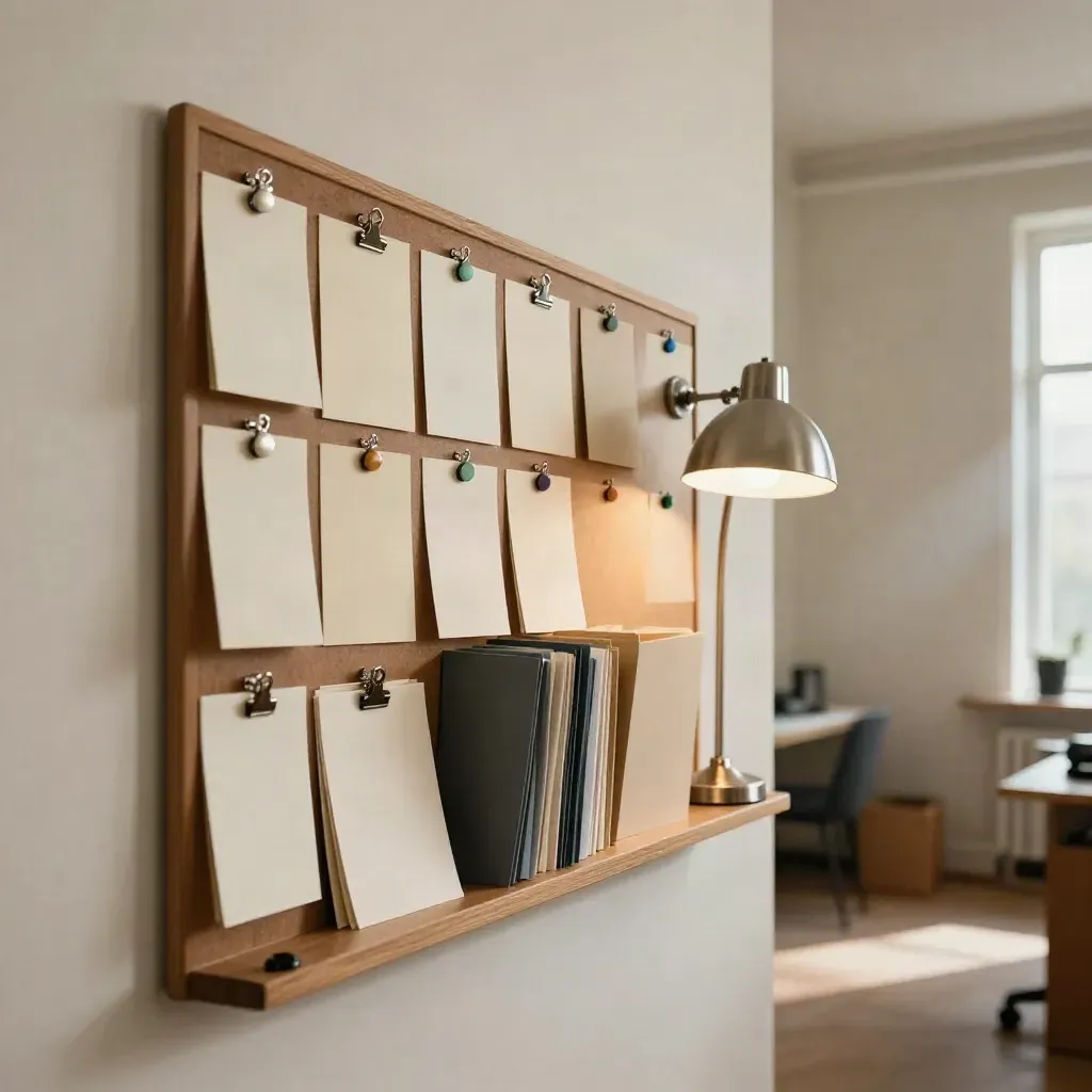 Project support board with clipped cards, magnets, folders and a desk lamp in a quiet office corner.
