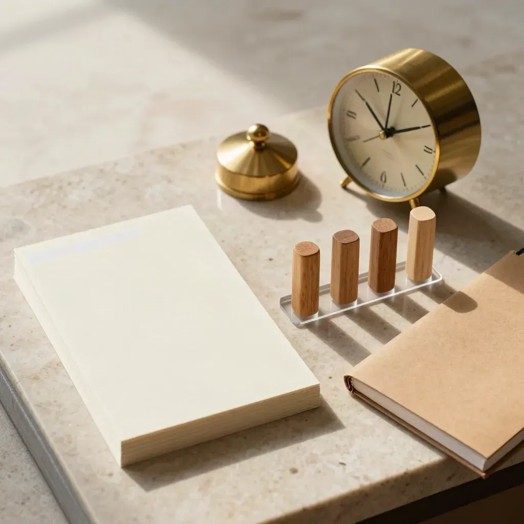 Top-down planning table with milestone cards, brass clock, wooden markers and a folded notebook