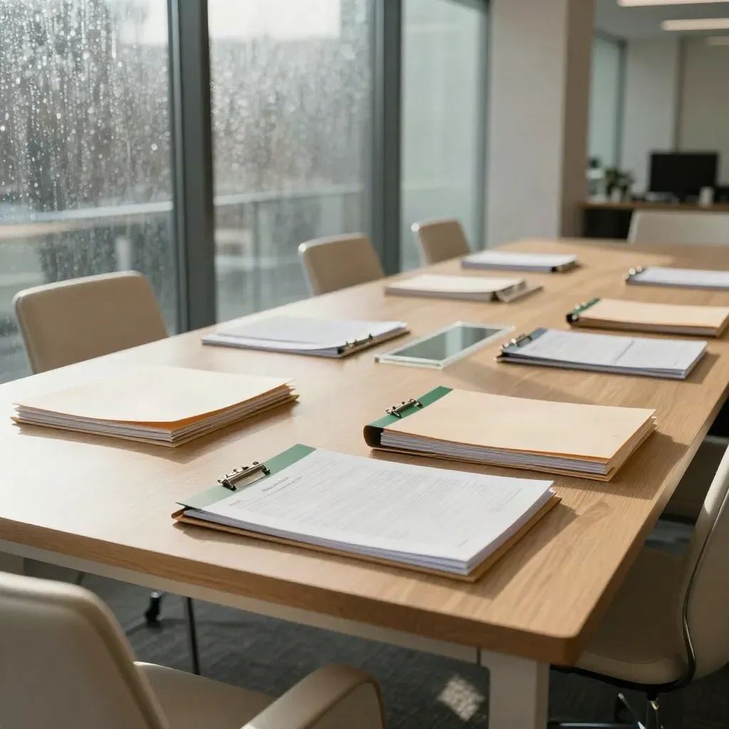 Low-angle London office table with audit folders, glass wall and chairs in soft rain light.