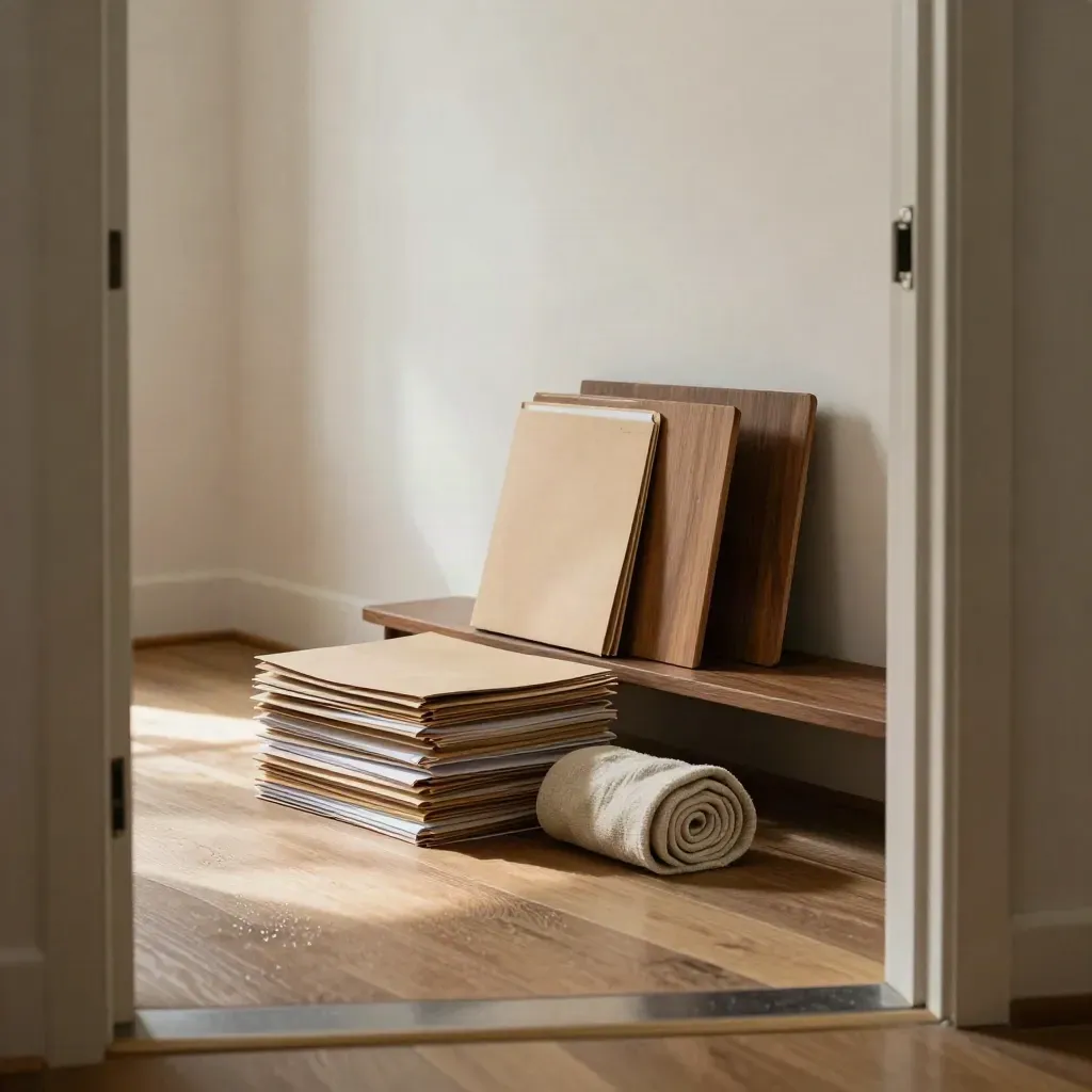 Quiet review room with folders, linen cloth, and oak tray dividers in soft daylight.