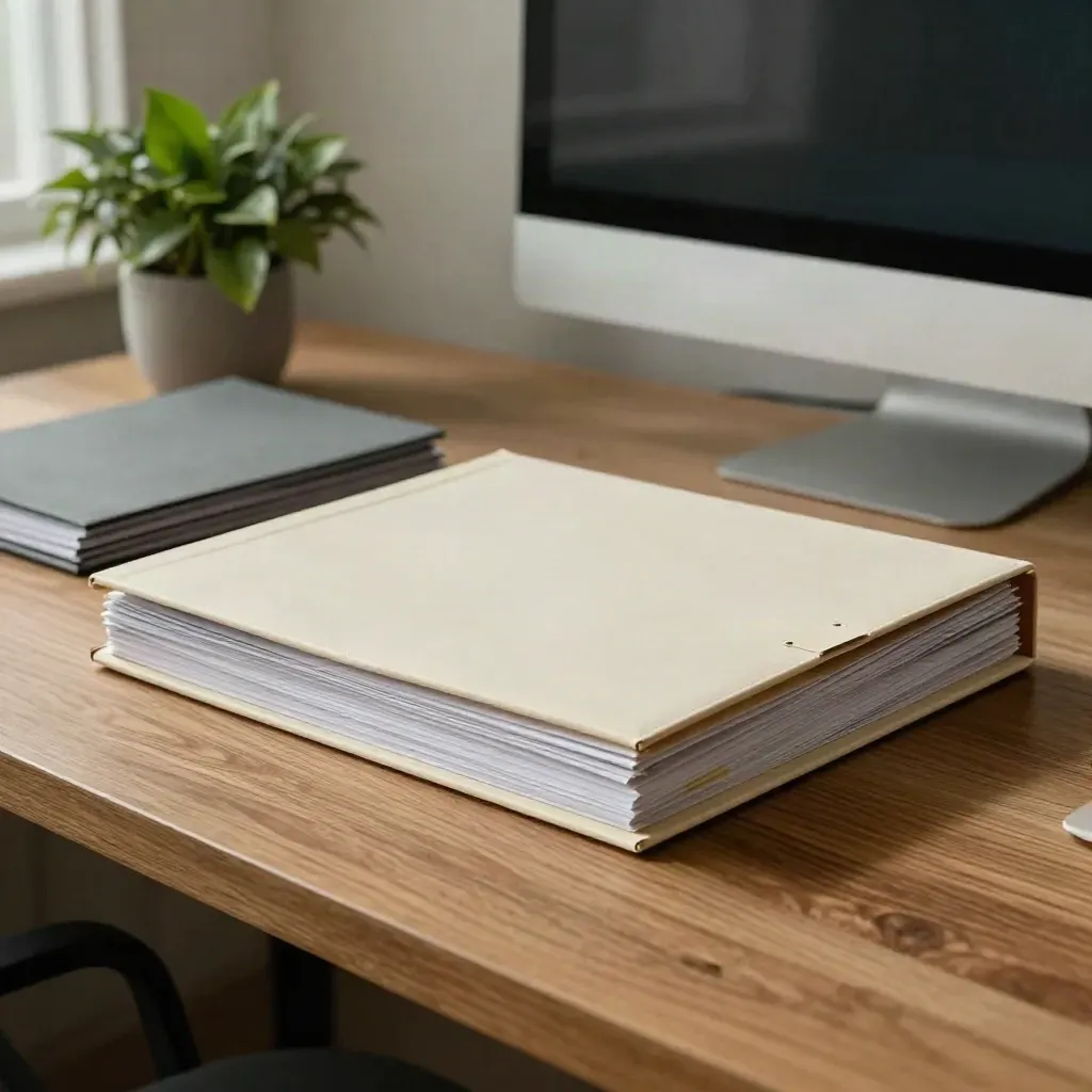 Reporting pack beside a turned monitor, folder stack and small desk plant in a modern office.