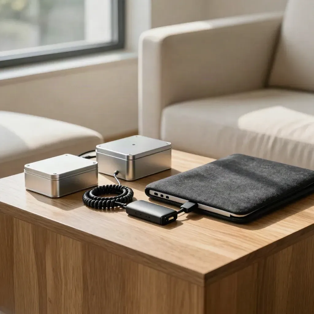 Compact system shortlist on an oak side table with cable adapters and a closed laptop sleeve.