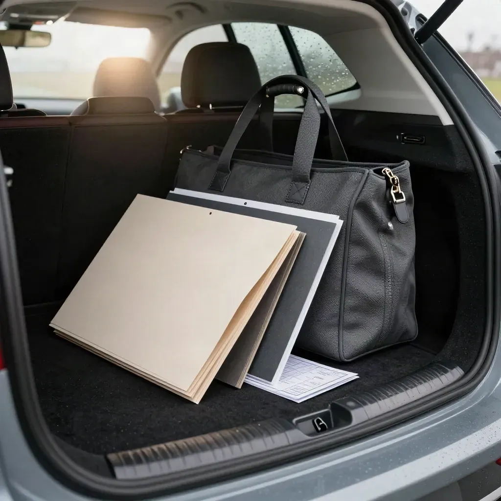 Packed road-visit folders and tote in an open boot, rain on the glass beyond.