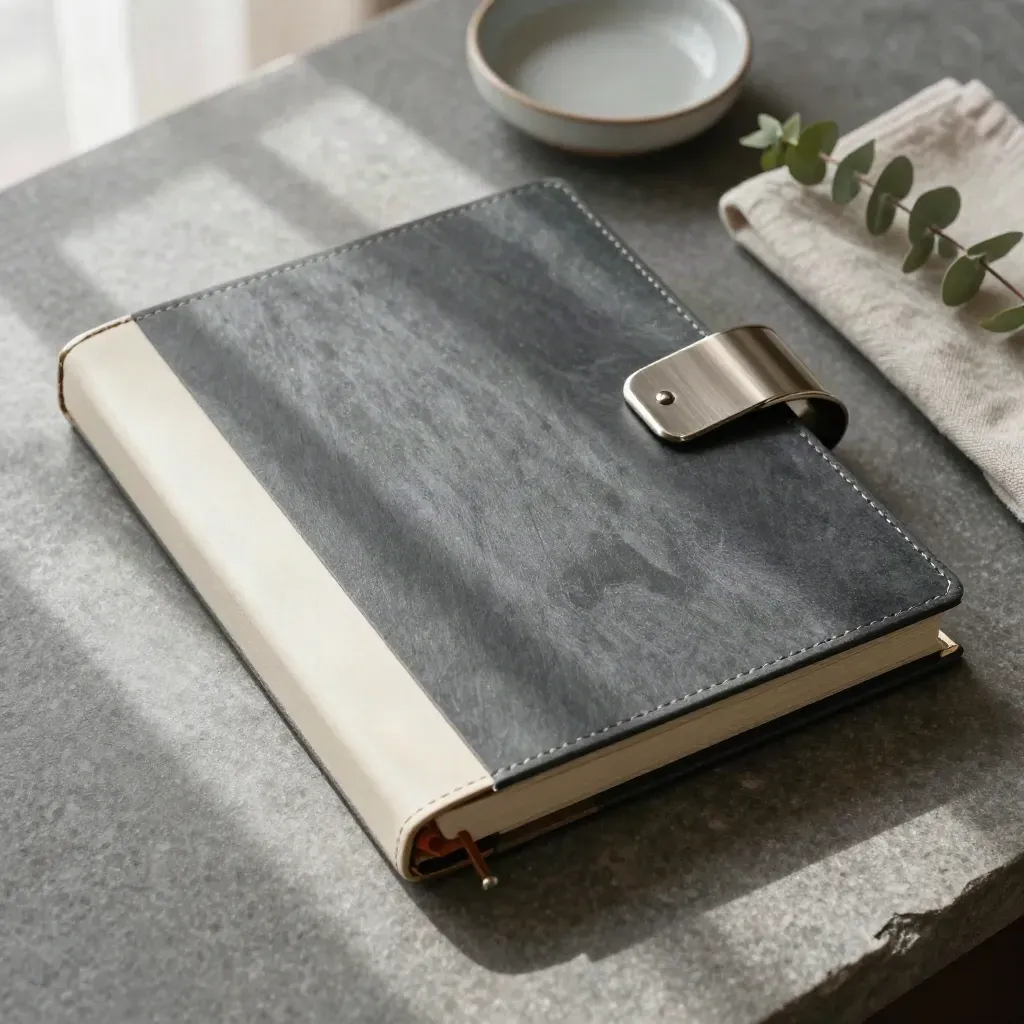 Overhead flatlay of an operations binder with tabs, ceramic dish, cloth, and eucalyptus on stone.
