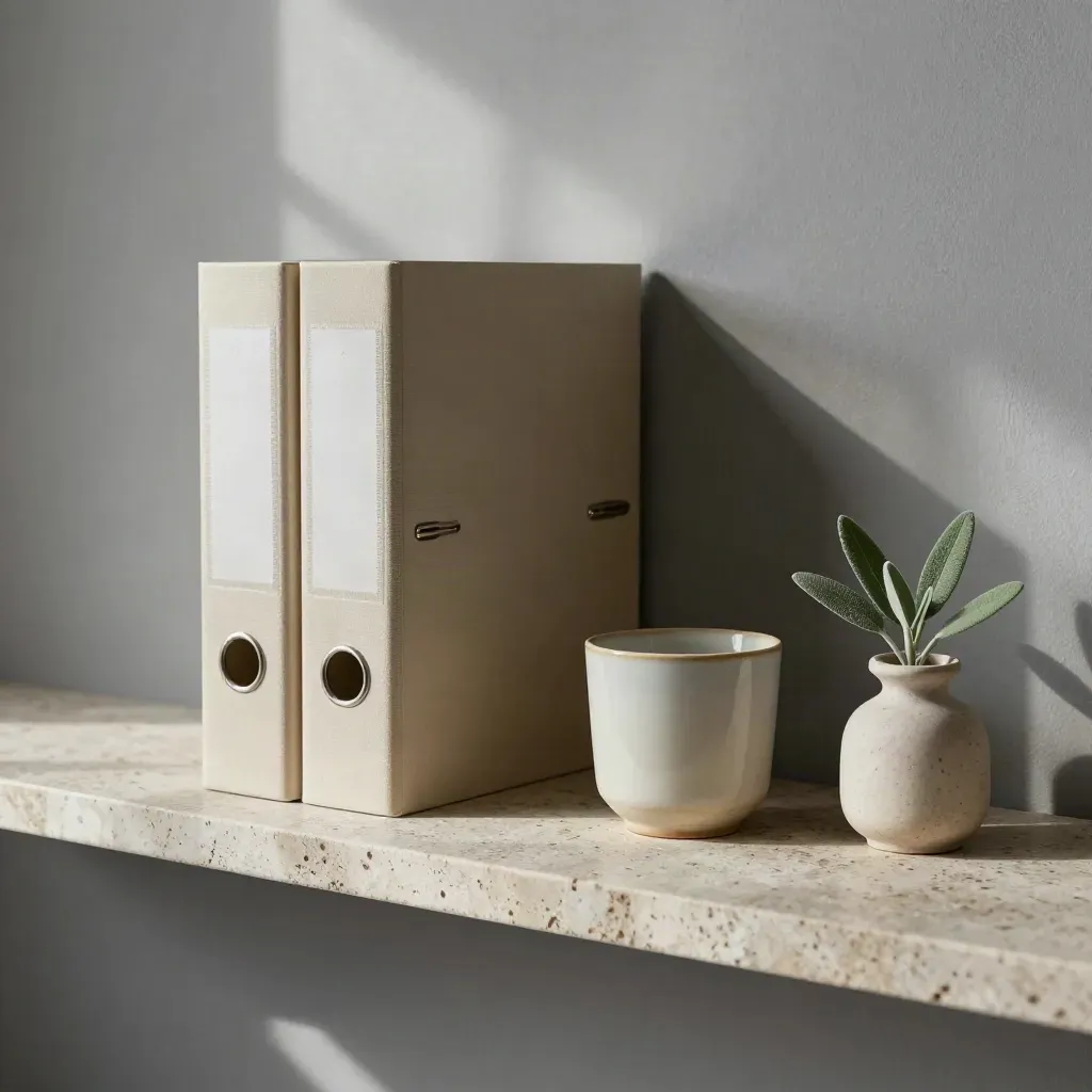 Slim reporting binder, cream cup, and sage cutting on travertine in soft side light.