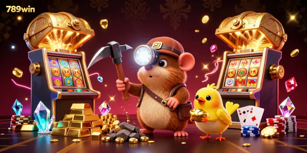 Experience the excitement of winning with 789win's vibrant casino scene featuring slot machines and treasure.