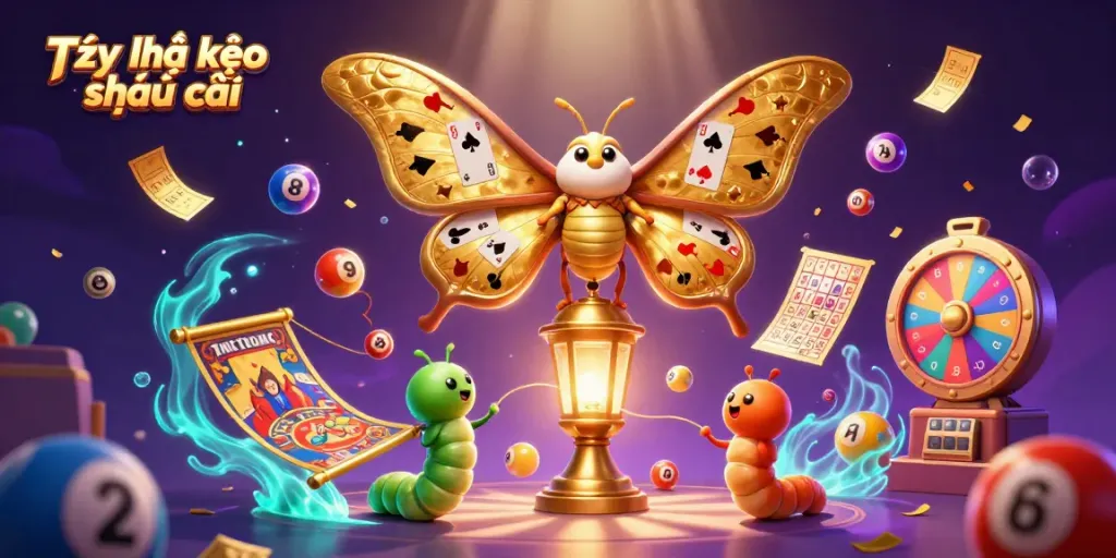Tỷ lệ kèo nhà cái illustrated with a vibrant scene showing colorful lottery balls and dynamic casino elements.
