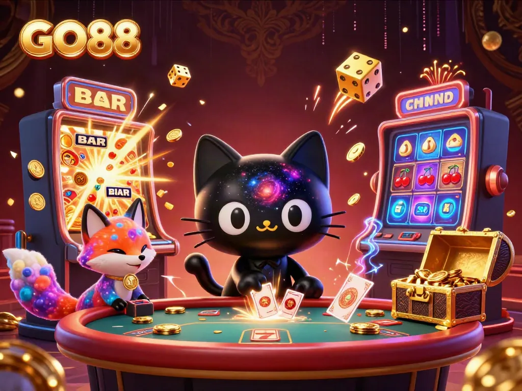 Engage with GO88 at an exciting cosmic casino where a black hole cat and nebula fox create magic!