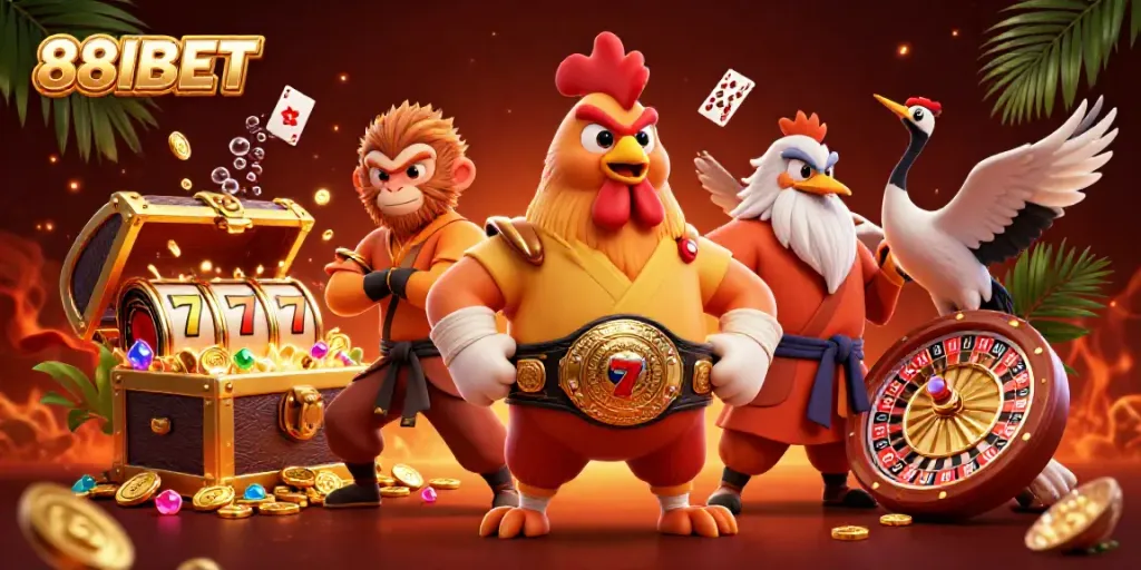Join the excitement with 88IBET in this dynamic casino-themed 3D illustration featuring characters and vibrant game elements.