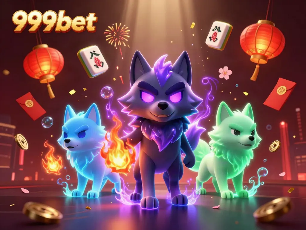 Immerse in 999bet's vibrant 3D casino world featuring enchanting wolf leaders and floating symbols.