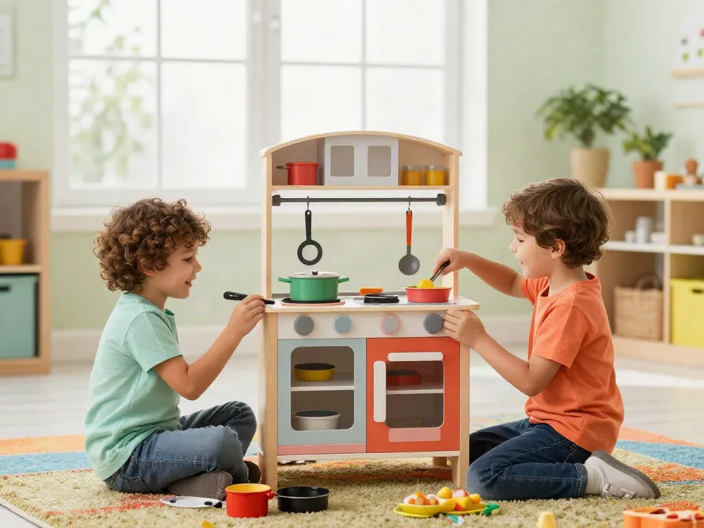 Children enjoying a toy kitchen set, engaged in imaginative play with vibrant accessories.