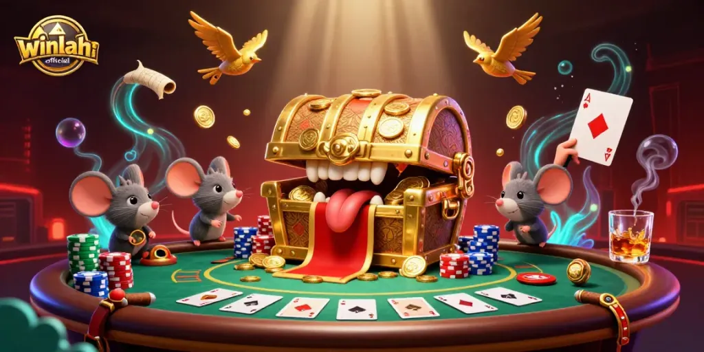 Engage with winlah-official's thrilling scene featuring adventurous mice drawn to a treasure chest amidst vibrant casino elements.
