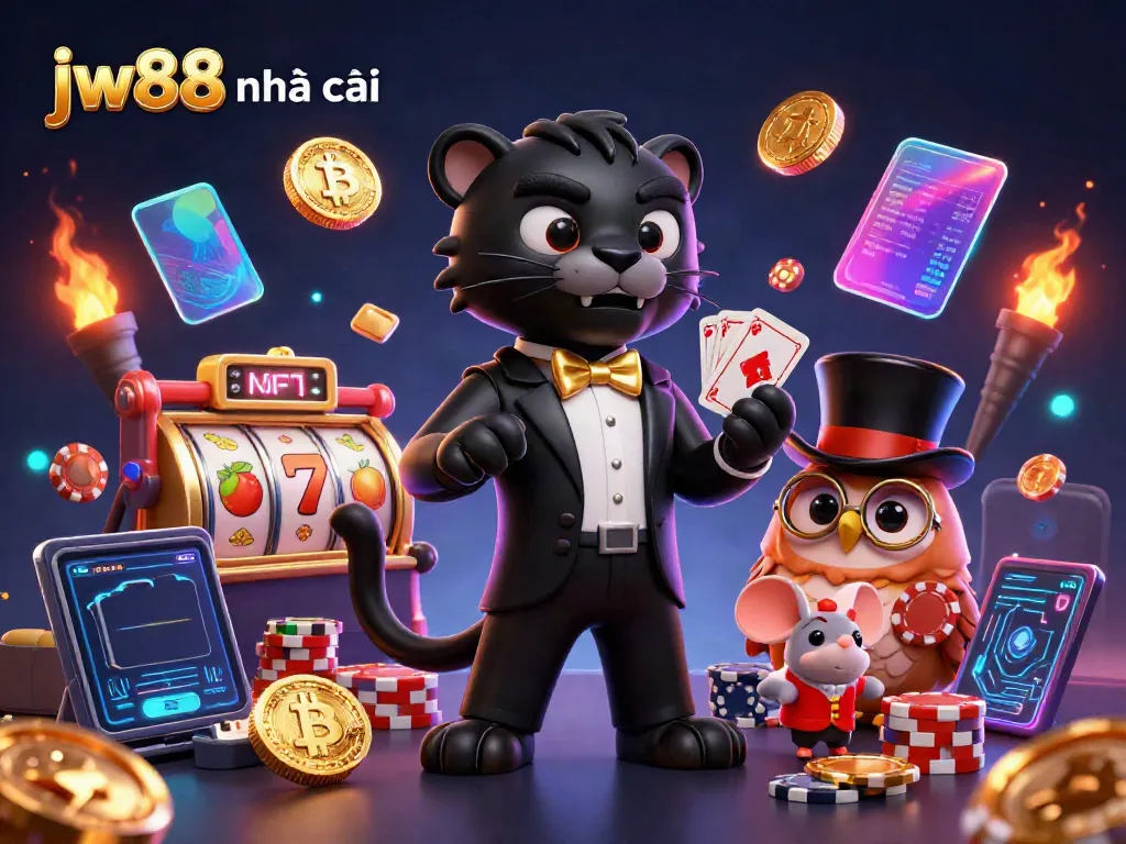 Engage with the exciting world of jw88 nhà cái, as the charming panther deals cards in a vibrant casino scene.