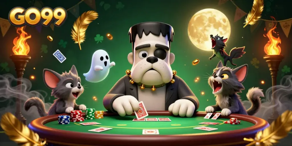 Join the exciting GO99 online poker scene with a unique 3D cartoon illustration featuring a creature dealer.