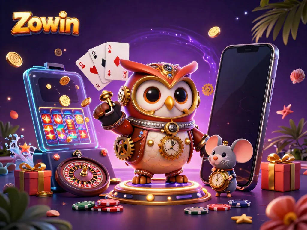 Engage in thrilling gambling adventures with Zowin in a vibrant steampunk casino scene.