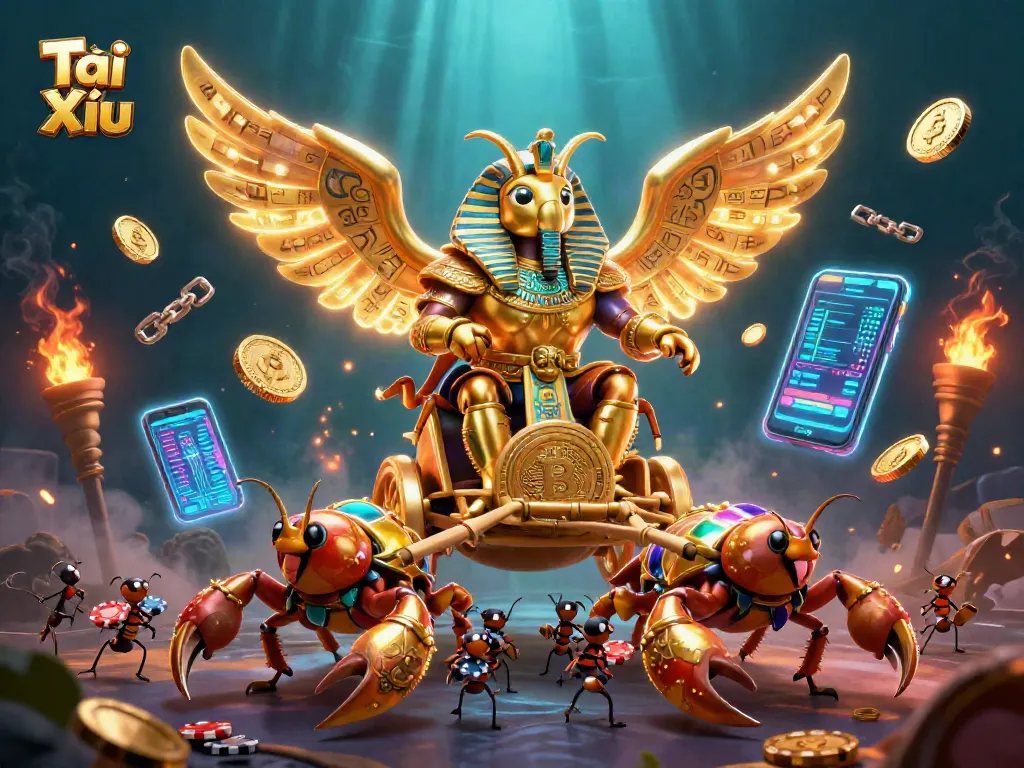 Tài Xỉu enhances excitement with a golden scarab beetle chariot scene, promoting casino action and gaming.
