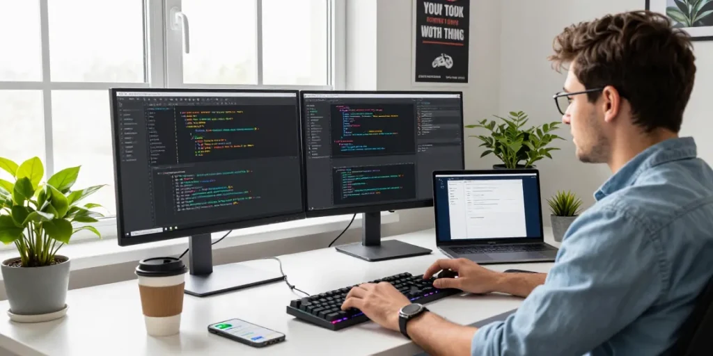 Focused developer using AI automation tools in a modern tech workspace.