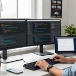 Focused developer using AI automation tools in a modern tech workspace.