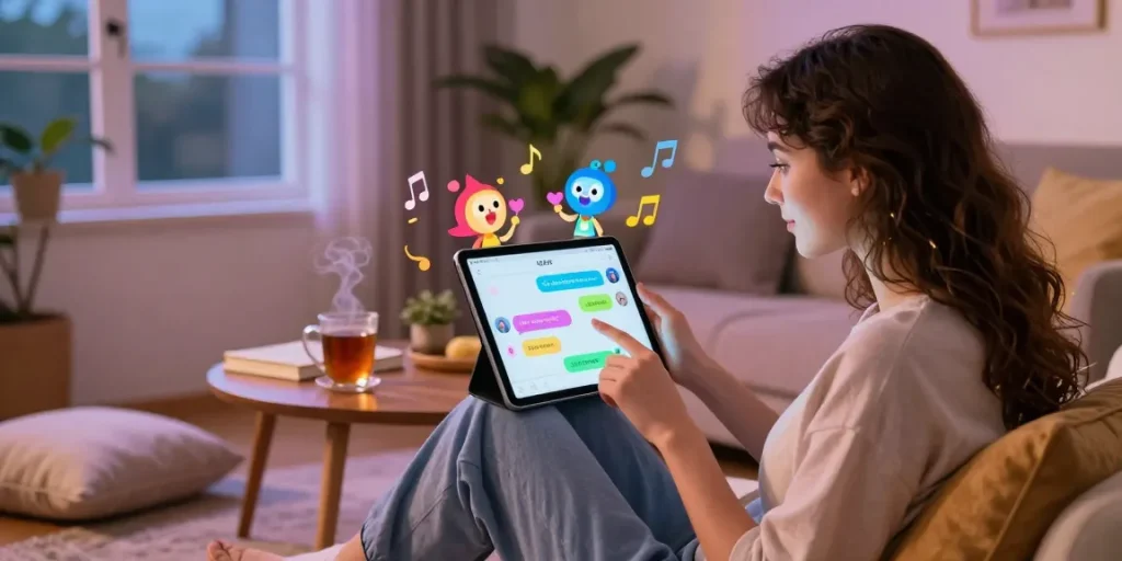 Engaging moment of an NSFW AI chat on a tablet in a cozy living room.