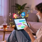 Engaging moment of an NSFW AI chat on a tablet in a cozy living room.