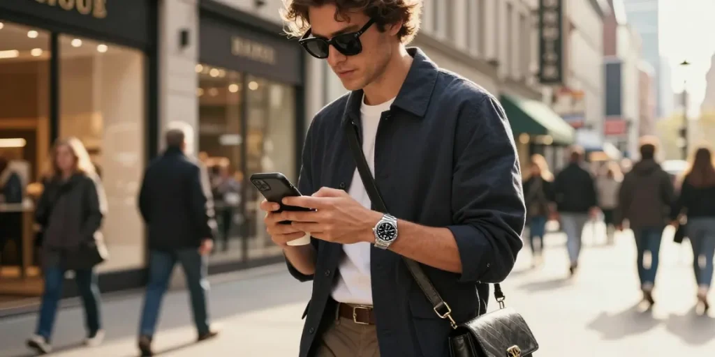 Stylish individual wearing rolex super clone watches while enjoying a coffee in a bustling city.
