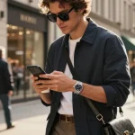 Stylish individual wearing rolex super clone watches while enjoying a coffee in a bustling city.