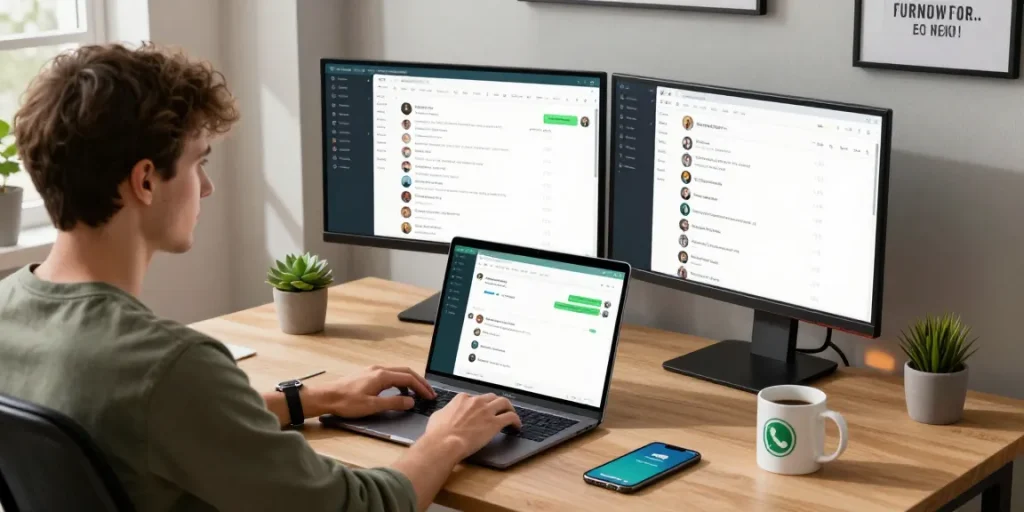 Dynamic workspace featuring WhatsApp電腦版 on laptop with ambient lighting and personal decor.