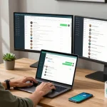 Dynamic workspace featuring WhatsApp電腦版 on laptop with ambient lighting and personal decor.
