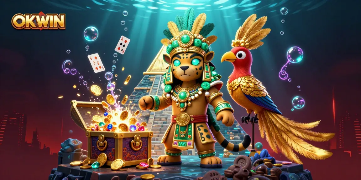 Engage with OKWIN's vibrant casino scene featuring a Mayan priest and rich treasures.
