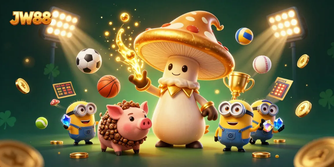 Experience the magic of JW88 with gaming characters and exciting sports elements in a vibrant casino scene.