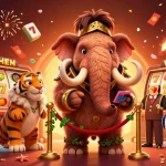 Experience excitement with jw88vip as a woolly mammoth bouncer greets a saber-tooth tiger VIP and a dodo doorman in a busy casino.