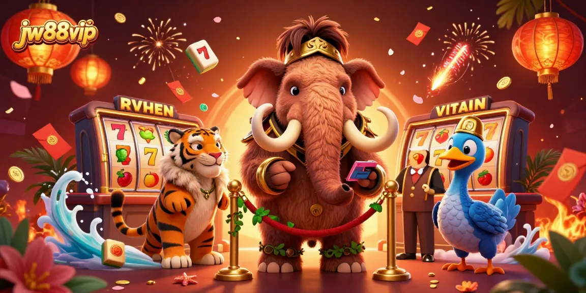 Experience excitement with jw88vip as a woolly mammoth bouncer greets a saber-tooth tiger VIP and a dodo doorman in a busy casino.