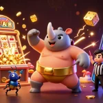 Experience the excitement of 32winz with cartoon characters celebrating jackpots and casino games.