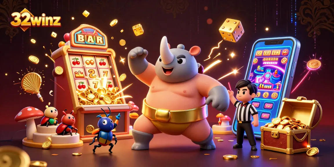 Experience the excitement of 32winz with cartoon characters celebrating jackpots and casino games.